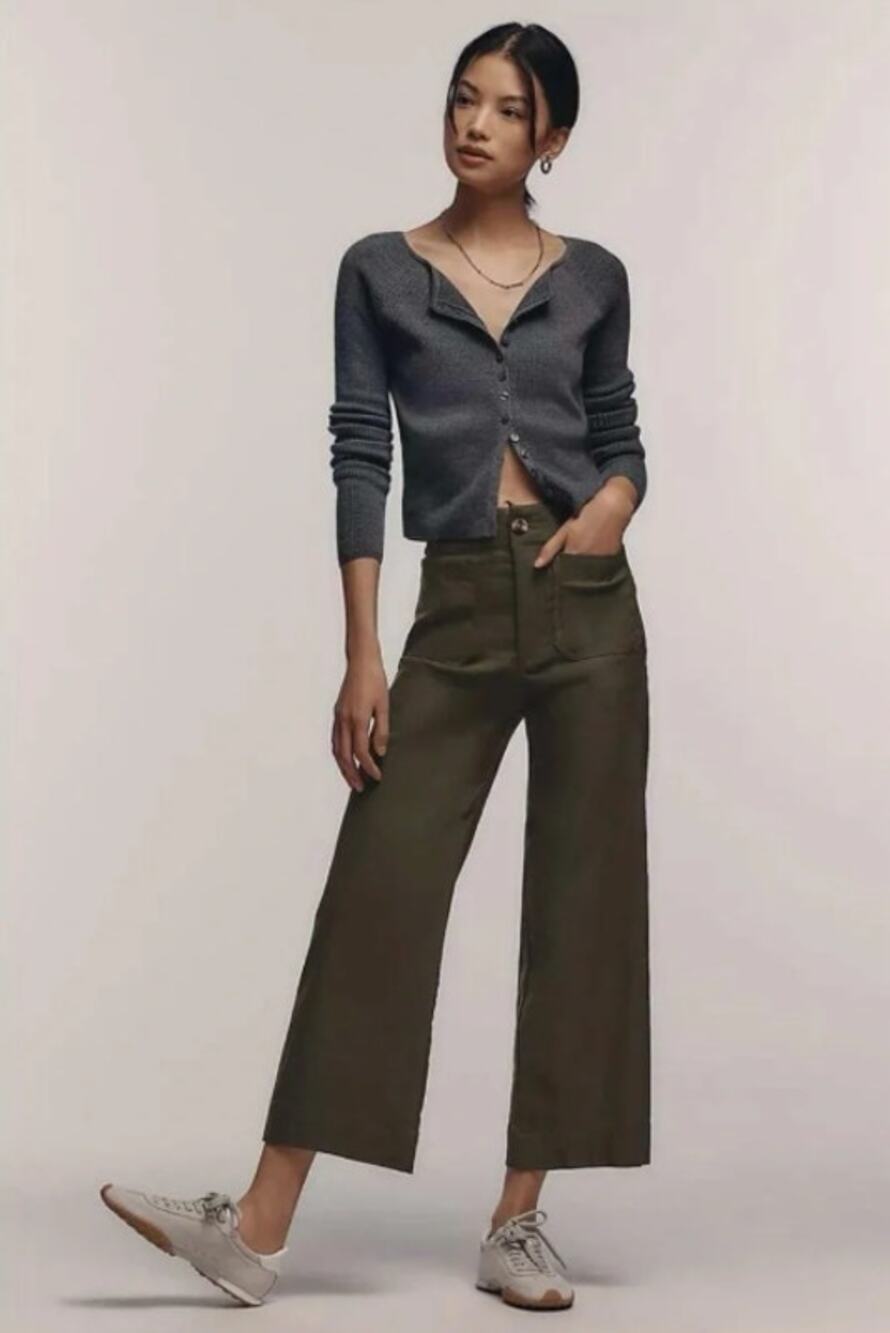 Anthropologie The Colette Cropped Wide Leg Pants by Maeve Size 25 Holly Green